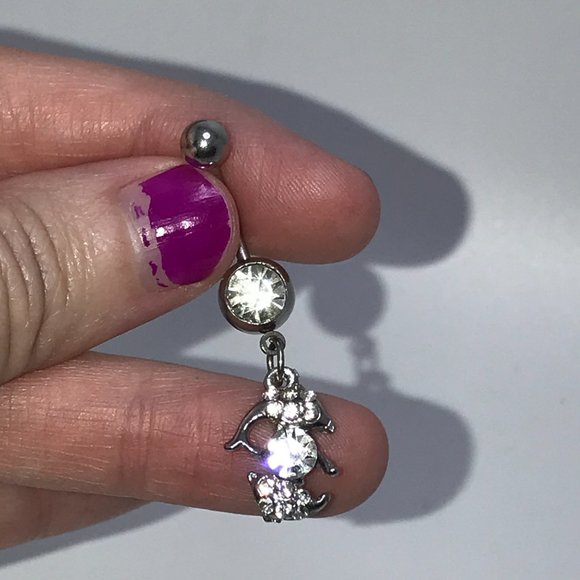 Clear Rhinestone Dolphin Dangle Belly Ring - Picture 3 of 12